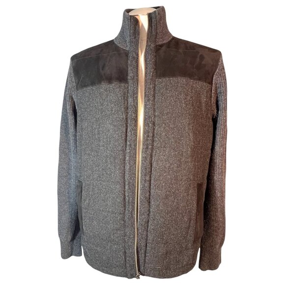 Banana Republic Mens Black Gray Wool Blend Full Zip Sweater Jacket Size L Suede - Picture 1 of 12